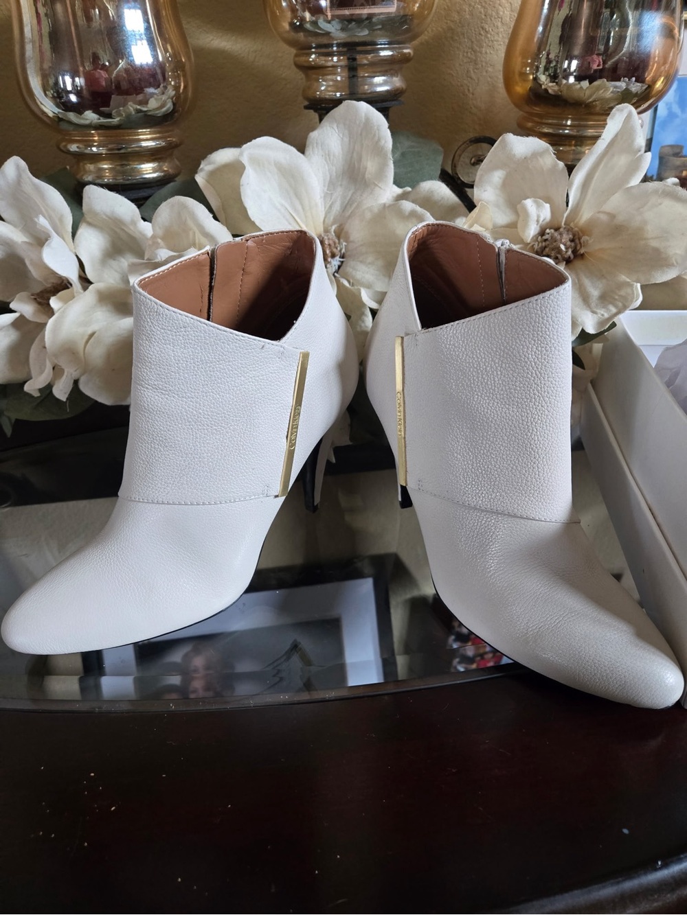 Calvin Klein White Leather Ankle Booties with Gold Bar Detail